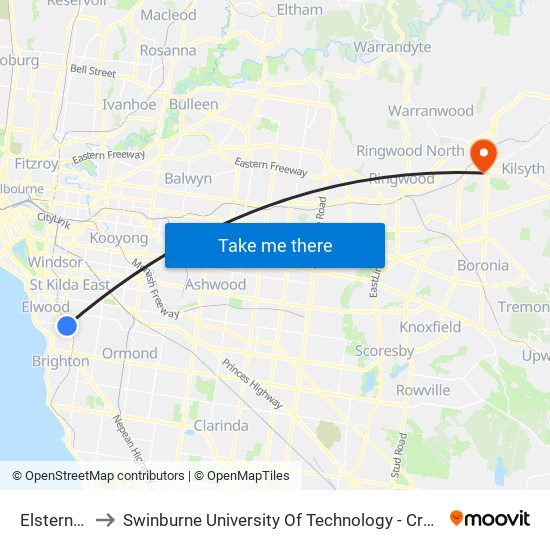 Elsternwick to Swinburne University Of Technology - Croydon Campus map