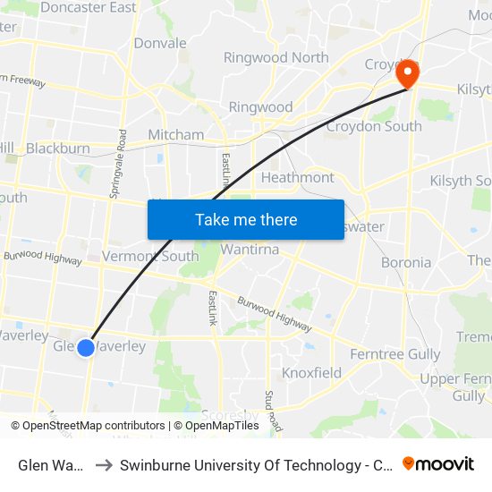 Glen Waverley to Swinburne University Of Technology - Croydon Campus map