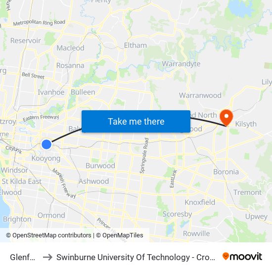 Glenferrie to Swinburne University Of Technology - Croydon Campus map