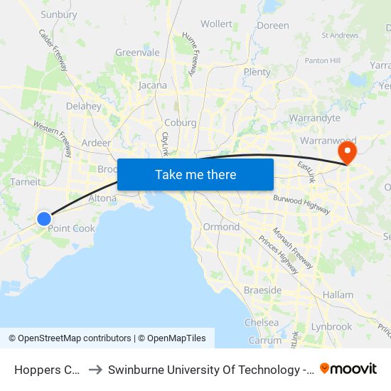 Hoppers Crossing to Swinburne University Of Technology - Croydon Campus map
