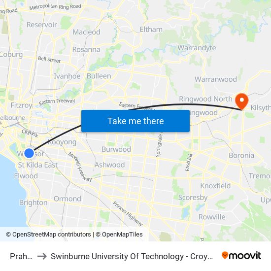 Prahran to Swinburne University Of Technology - Croydon Campus map