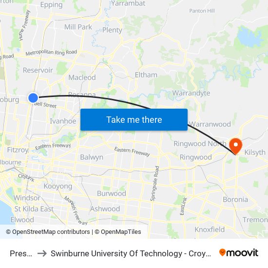 Preston to Swinburne University Of Technology - Croydon Campus map