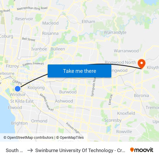 South Yarra to Swinburne University Of Technology - Croydon Campus map