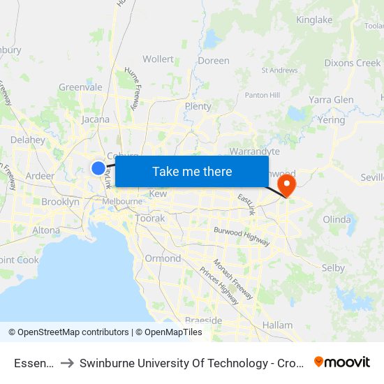 Essendon to Swinburne University Of Technology - Croydon Campus map