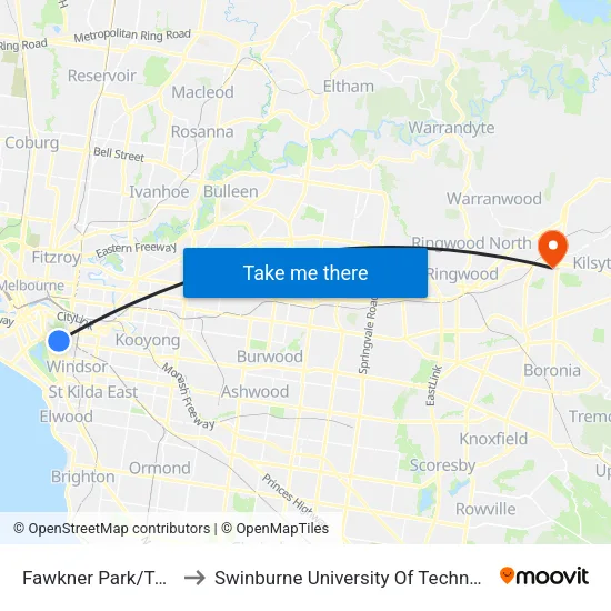 Fawkner Park/Toorak Rd #123 to Swinburne University Of Technology - Croydon Campus map