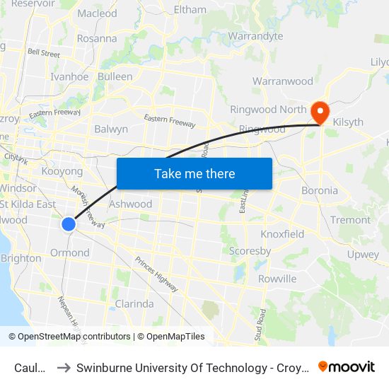 Caulfield to Swinburne University Of Technology - Croydon Campus map