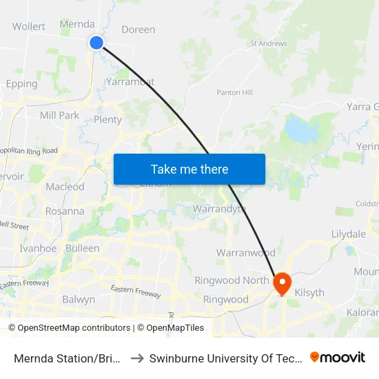Mernda Station/Bridge Inn Rd to Swinburne University Of Technology - Croydon Campus map