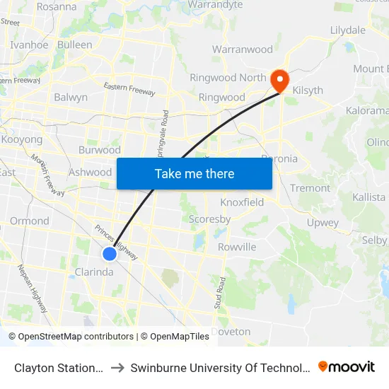 Clayton Station/Carinish Rd to Swinburne University Of Technology - Croydon Campus map