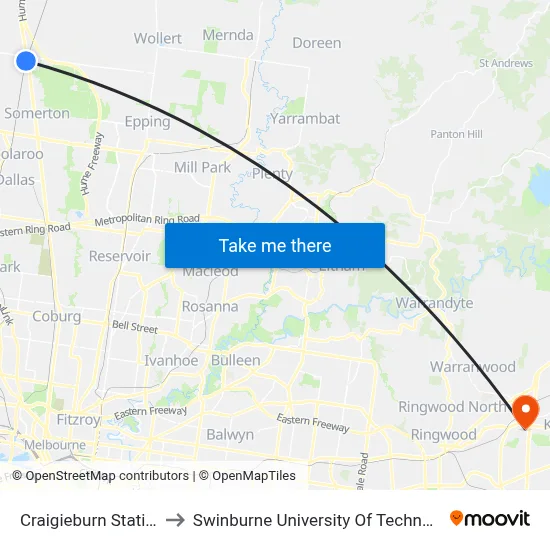 Craigieburn Station/Walters St to Swinburne University Of Technology - Croydon Campus map