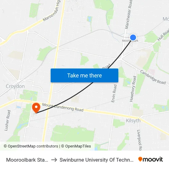 Mooroolbark Station/Brice Ave to Swinburne University Of Technology - Croydon Campus map