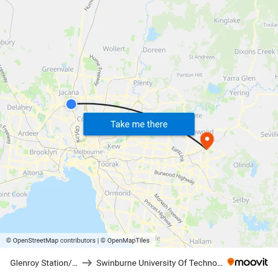 Glenroy Station/Hartington St to Swinburne University Of Technology - Croydon Campus map
