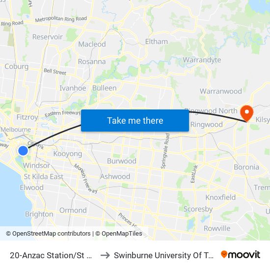 20-Anzac Station/St Kilda Rd (Melbourne City) to Swinburne University Of Technology - Croydon Campus map