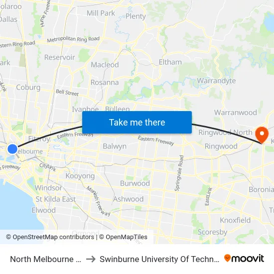 North Melbourne Railway Station to Swinburne University Of Technology - Croydon Campus map