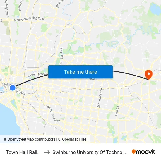 Town Hall Railway Station to Swinburne University Of Technology - Croydon Campus map