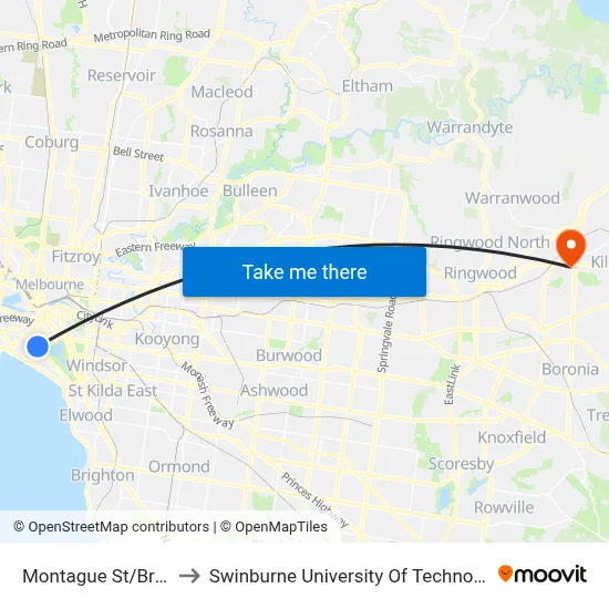 Montague St/Bridport St #28 to Swinburne University Of Technology - Croydon Campus map