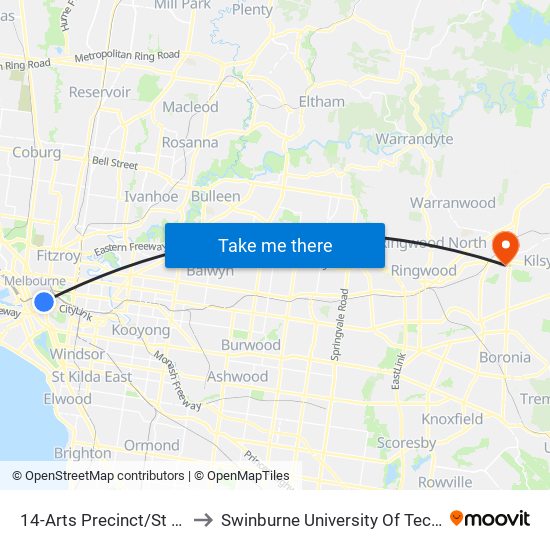 14-Arts Precinct/St Kilda Rd (Southbank) to Swinburne University Of Technology - Croydon Campus map
