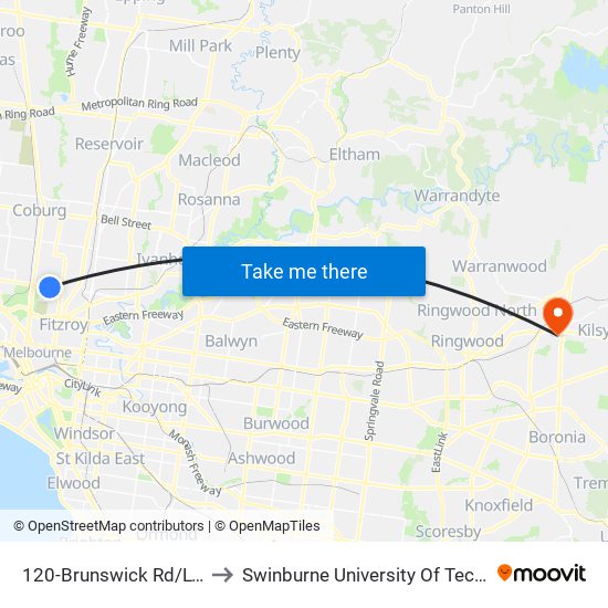120-Brunswick Rd/Lygon St (Brunswick) to Swinburne University Of Technology - Croydon Campus map