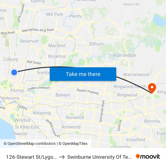 126-Stewart St/Lygon St (Brunswick East) to Swinburne University Of Technology - Croydon Campus map