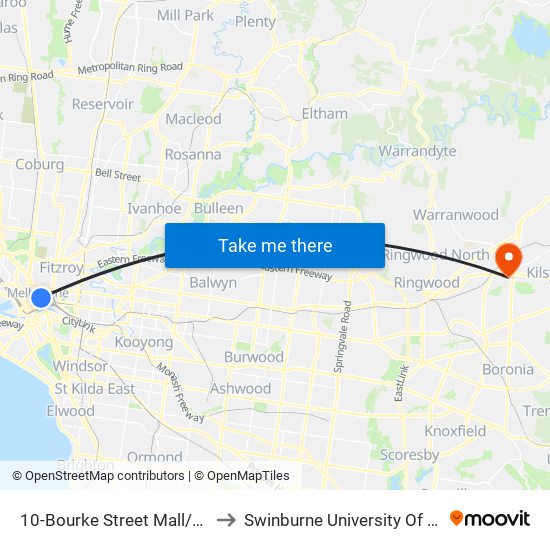 10-Bourke Street Mall/Swanston St (Melbourne City) to Swinburne University Of Technology - Croydon Campus map