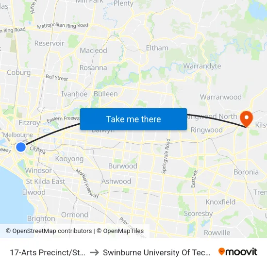 Arts Precinct/Sturt St #17 to Swinburne University Of Technology - Croydon Campus map