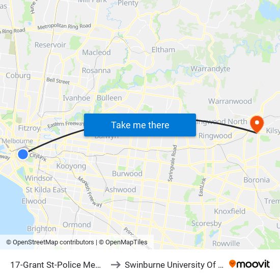 17-Grant St-Police Memorial/St Kilda Rd (Southbank) to Swinburne University Of Technology - Croydon Campus map