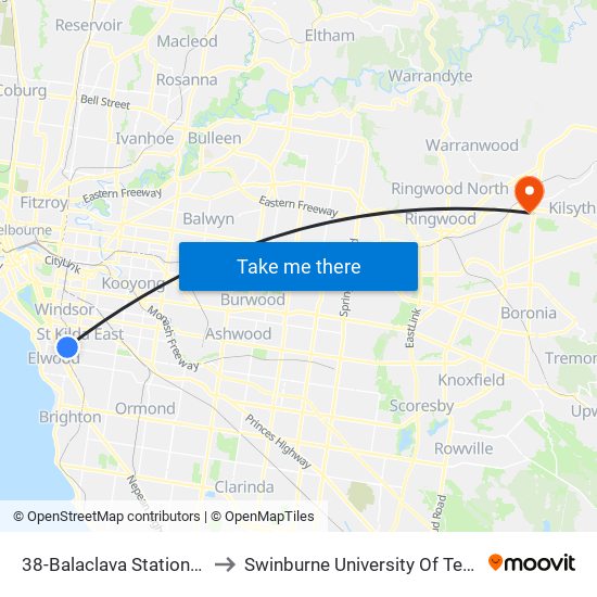 38-Balaclava Station/Carlisle St (Balaclava) to Swinburne University Of Technology - Croydon Campus map