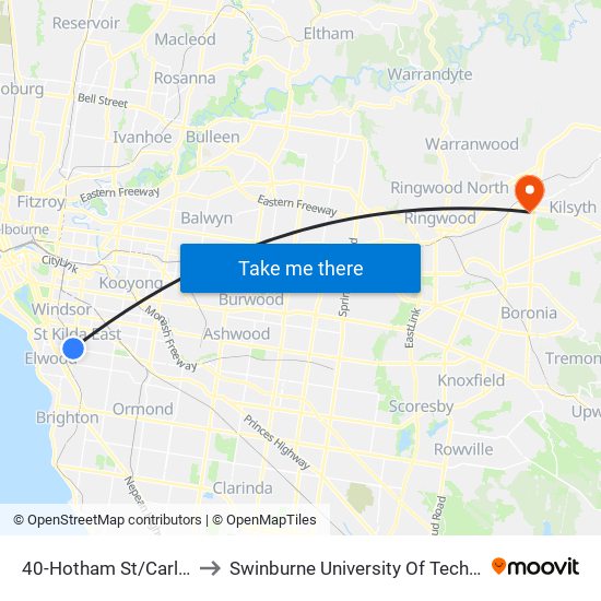 40-Hotham St/Carlisle St (Balaclava) to Swinburne University Of Technology - Croydon Campus map