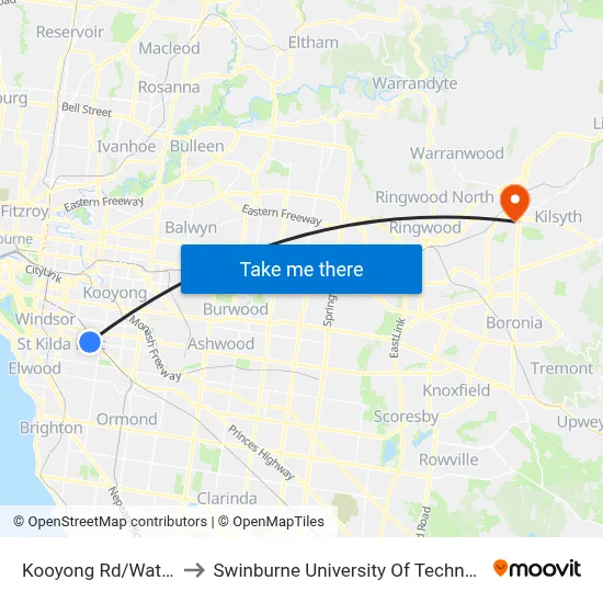 Kooyong Rd/Wattletree Rd #42 to Swinburne University Of Technology - Croydon Campus map
