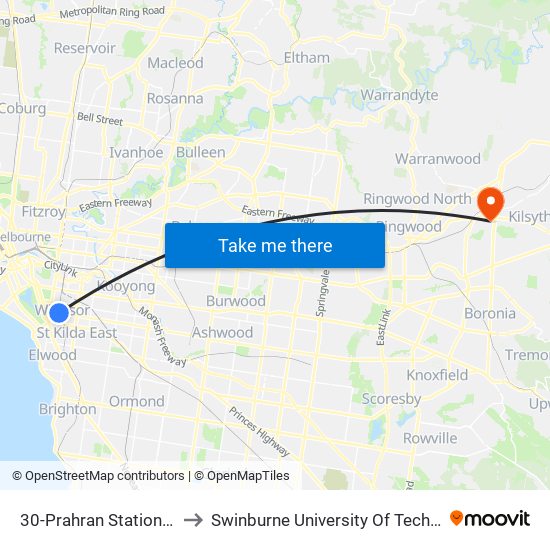 30-Prahran Station/High St (Prahran) to Swinburne University Of Technology - Croydon Campus map