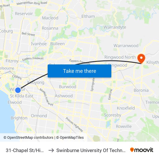 31-Chapel St/High St (Prahran) to Swinburne University Of Technology - Croydon Campus map