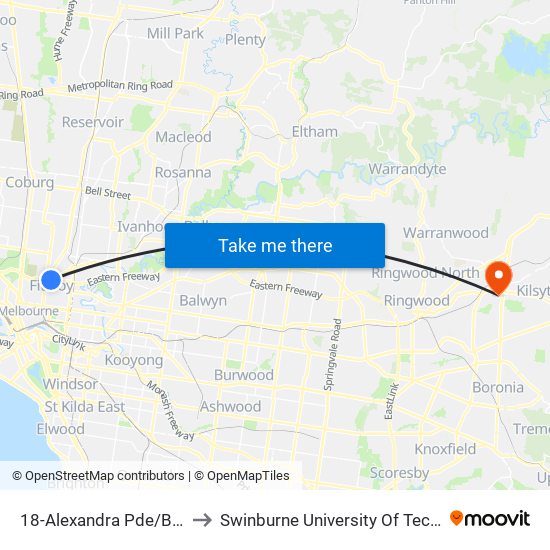 18-Alexandra Pde/Brunswick St (Fitzroy) to Swinburne University Of Technology - Croydon Campus map