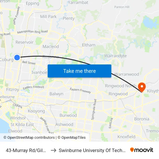 Murray Rd/Gilbert Rd #43 to Swinburne University Of Technology - Croydon Campus map