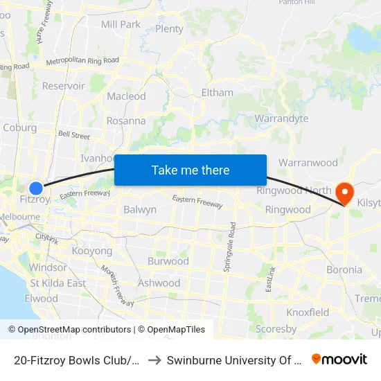 Fitzroy Bowls Club/Brunswick St #20 to Swinburne University Of Technology - Croydon Campus map