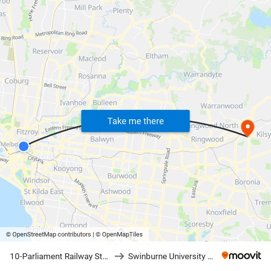 10-Parliament Railway Station/Macarthur St (East Melbourne) to Swinburne University Of Technology - Croydon Campus map