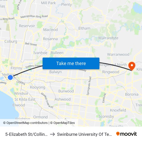 5-Elizabeth St/Collins St (Melbourne City) to Swinburne University Of Technology - Croydon Campus map