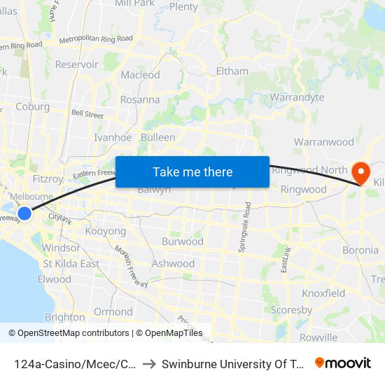 124a-Casino/Mcec/Clarendon St (Southbank) to Swinburne University Of Technology - Croydon Campus map