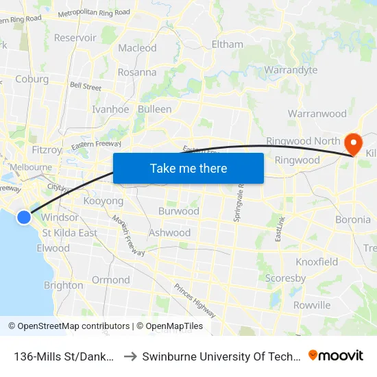 Mills St/Danks St #136 to Swinburne University Of Technology - Croydon Campus map
