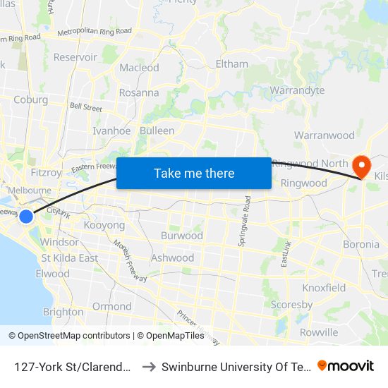 127-York St/Clarendon St (South Melbourne) to Swinburne University Of Technology - Croydon Campus map