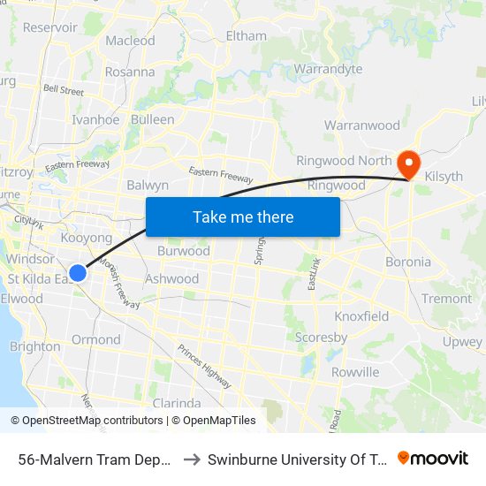 56-Malvern Tram Depot/Glenferrie Rd (Malvern) to Swinburne University Of Technology - Croydon Campus map