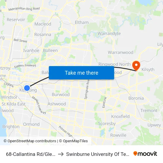 Callantina Rd/Glenferrie Rd #68 to Swinburne University Of Technology - Croydon Campus map