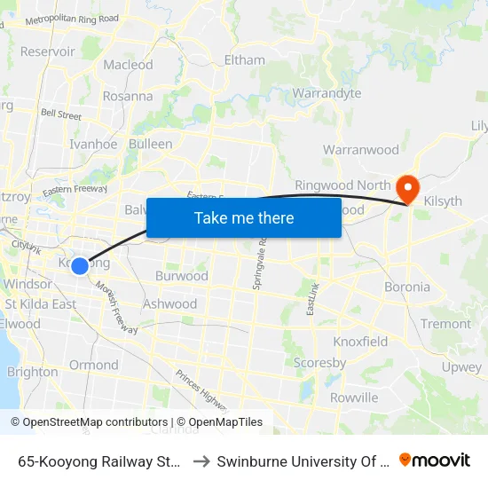 Kooyong Railway Station/Glenferrie Rd #65 to Swinburne University Of Technology - Croydon Campus map