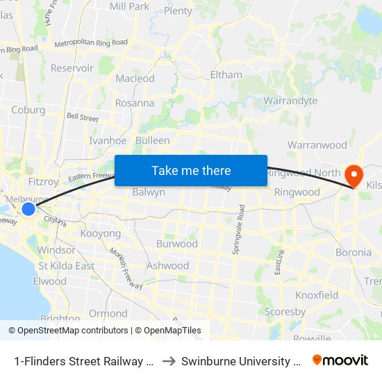 1-Flinders Street Railway Station/Elizabeth St (Melbourne City) to Swinburne University Of Technology - Croydon Campus map