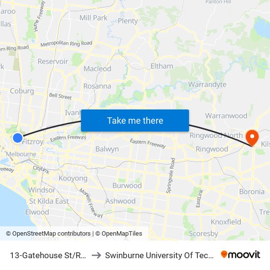 13-Gatehouse St/Royal Pde (Parkville) to Swinburne University Of Technology - Croydon Campus map