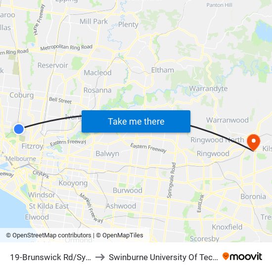 19-Brunswick Rd/Sydney Rd (Brunswick) to Swinburne University Of Technology - Croydon Campus map