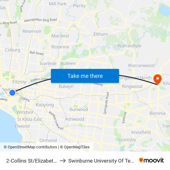 2-Collins St/Elizabeth St (Melbourne City) to Swinburne University Of Technology - Croydon Campus map