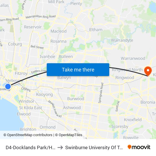 D4-Docklands Park/Harbour Esp (Docklands) to Swinburne University Of Technology - Croydon Campus map