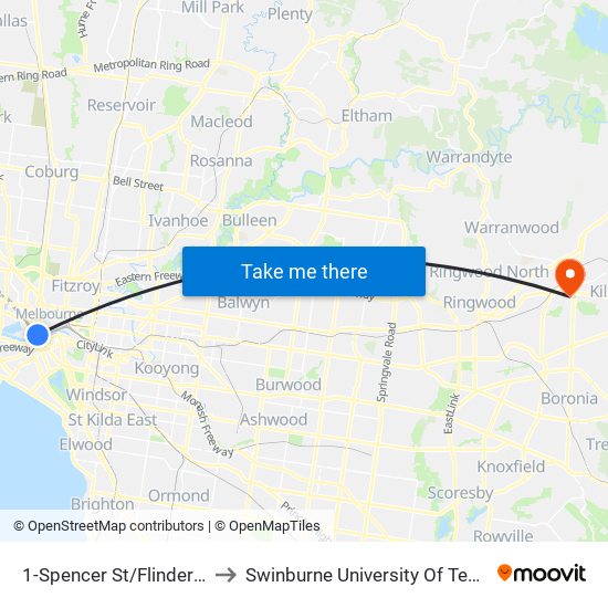 1-Spencer St/Flinders St (Melbourne City) to Swinburne University Of Technology - Croydon Campus map
