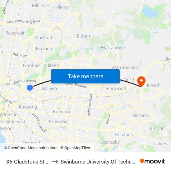 36-Gladstone St/High St (Kew) to Swinburne University Of Technology - Croydon Campus map
