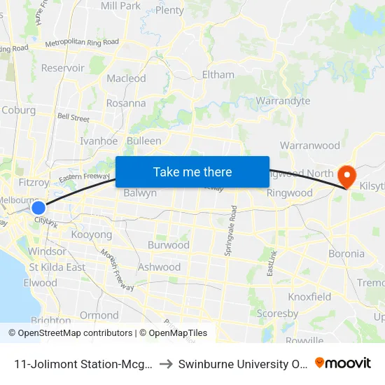 Jolimont Station-Mcg/Wellington Pde #11 to Swinburne University Of Technology - Croydon Campus map