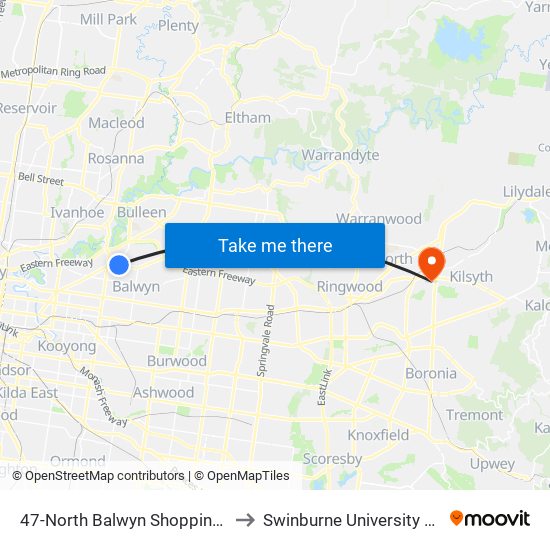 47-North Balwyn Shopping Centre/Doncaster Rd (Balwyn North) to Swinburne University Of Technology - Croydon Campus map